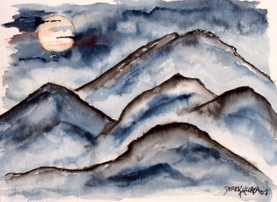 mountains landscape at night painting